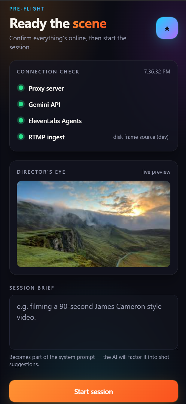 AI Drone Director app — the pre-flight connection check (proxy, Gemini, ElevenLabs, RTMP) and the Director's Eye live preview over a New Zealand landscape.